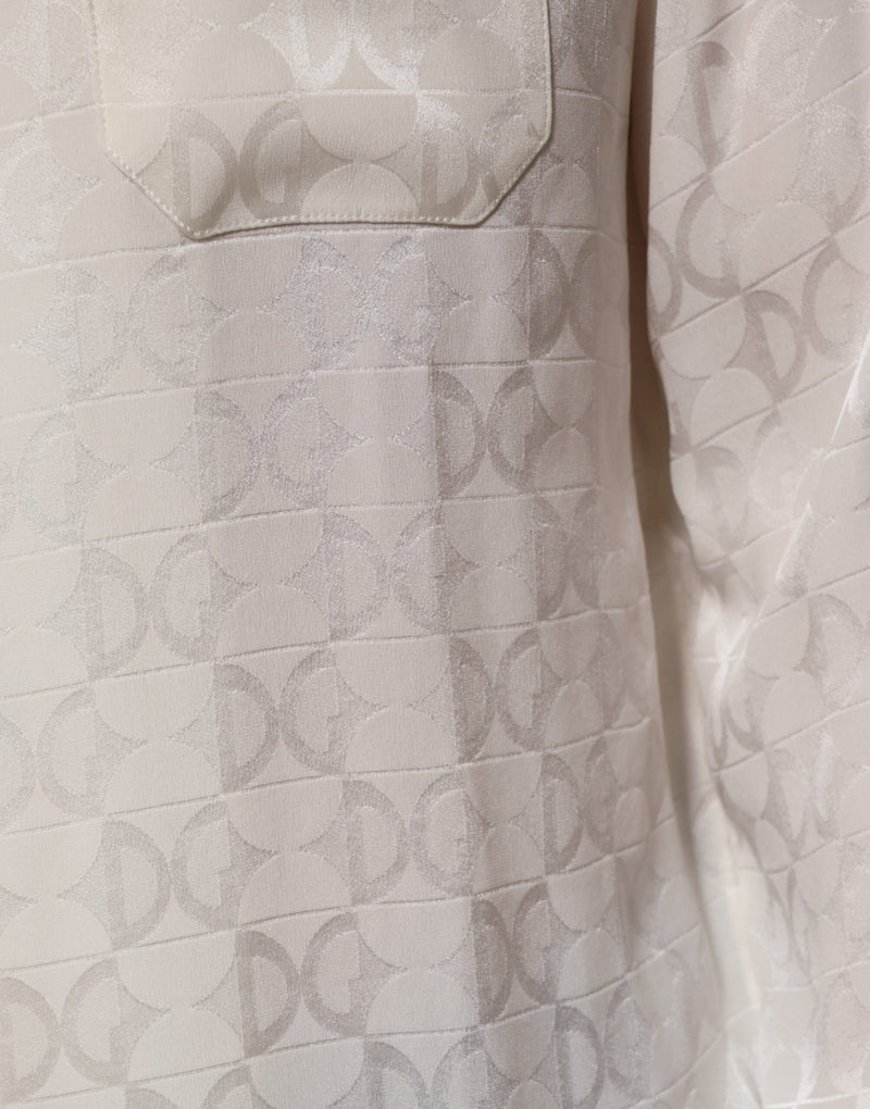 Dolce & Gabbana Camicia bianca in seta a maniche lunghe con stampa del logo DG