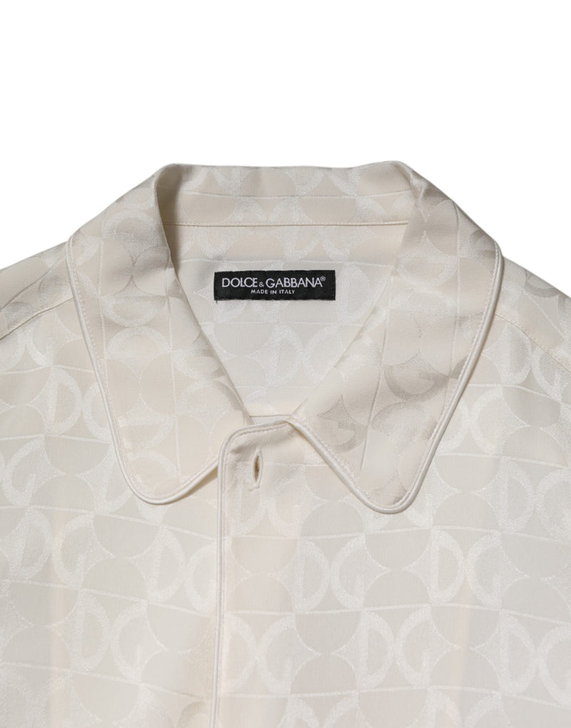 Dolce & Gabbana Camicia bianca in seta a maniche lunghe con stampa del logo DG