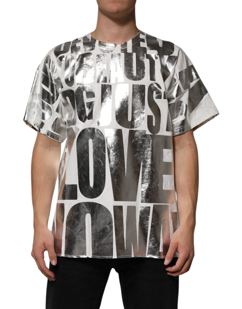 Camiseta blanca de algodón de Dolce & Gabbana con estampado de eslogan en plata metálica