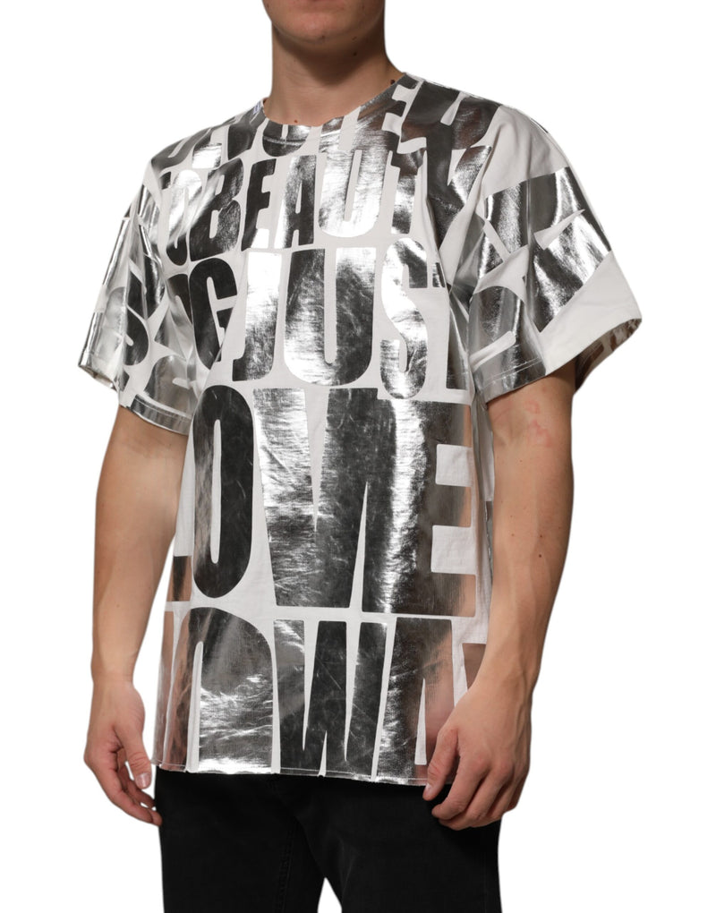 Camiseta blanca de algodón de Dolce & Gabbana con estampado de eslogan en plata metálica