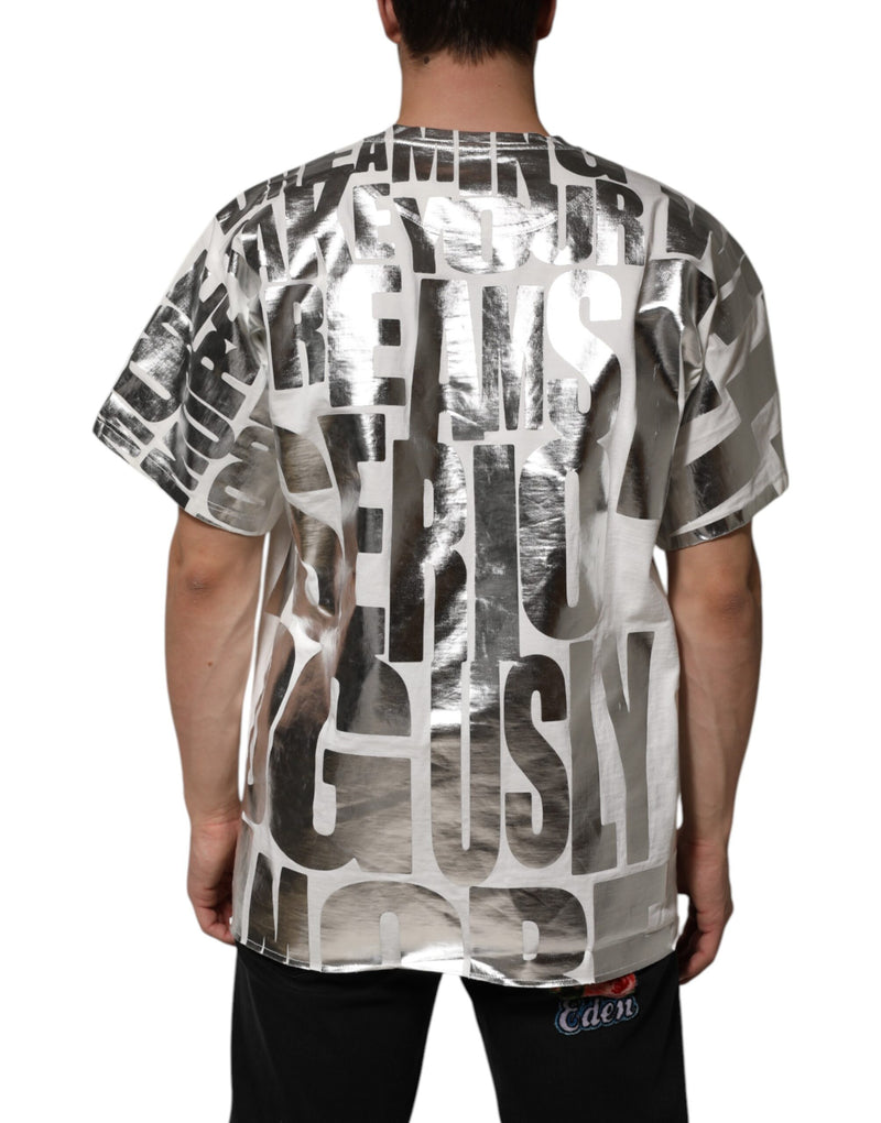 Camiseta blanca de algodón de Dolce & Gabbana con estampado de eslogan en plata metálica