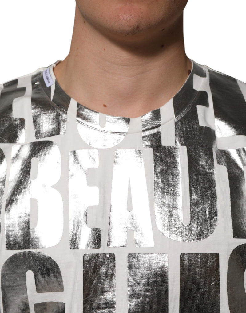 Camiseta blanca de algodón de Dolce & Gabbana con estampado de eslogan en plata metálica