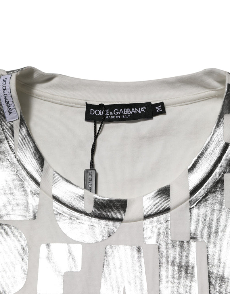 Camiseta blanca de algodón de Dolce & Gabbana con estampado de eslogan en plata metálica