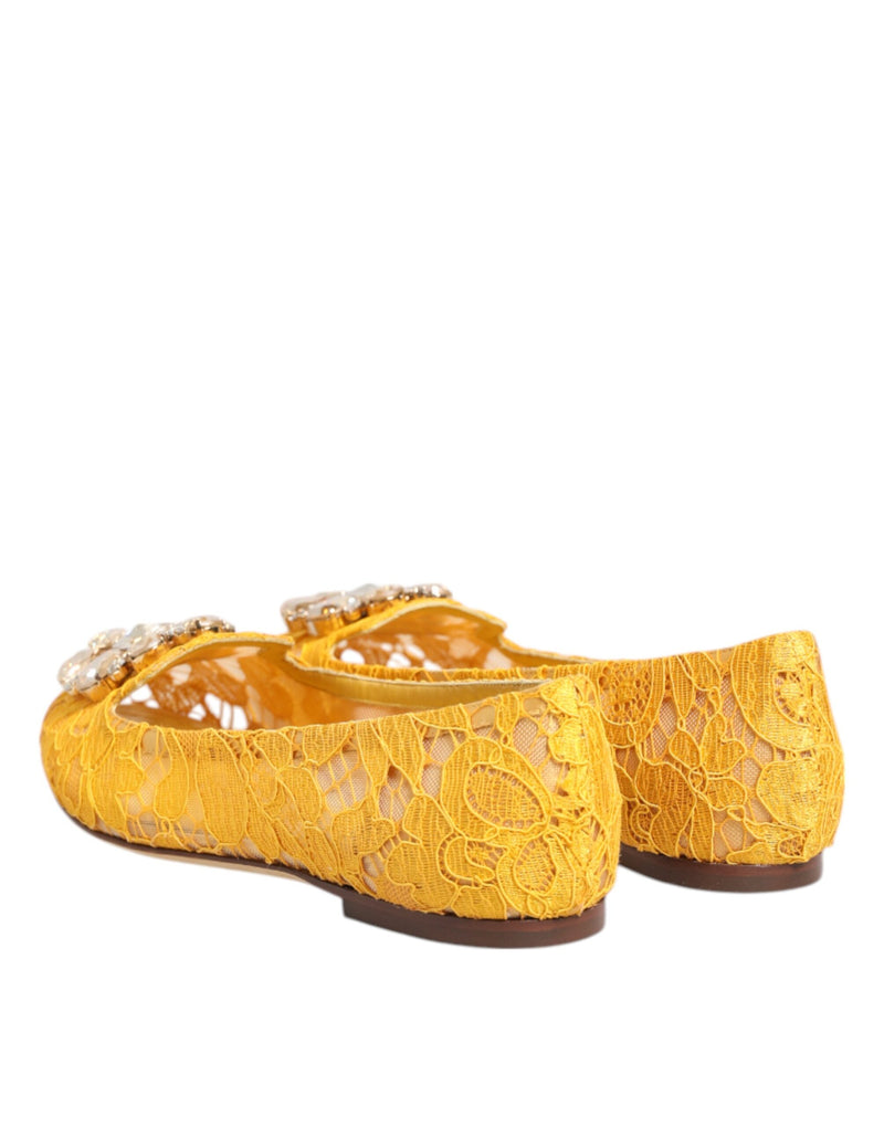 Dolce & Gabbana Yellow Taormina Lace Crystals Flats Shoes