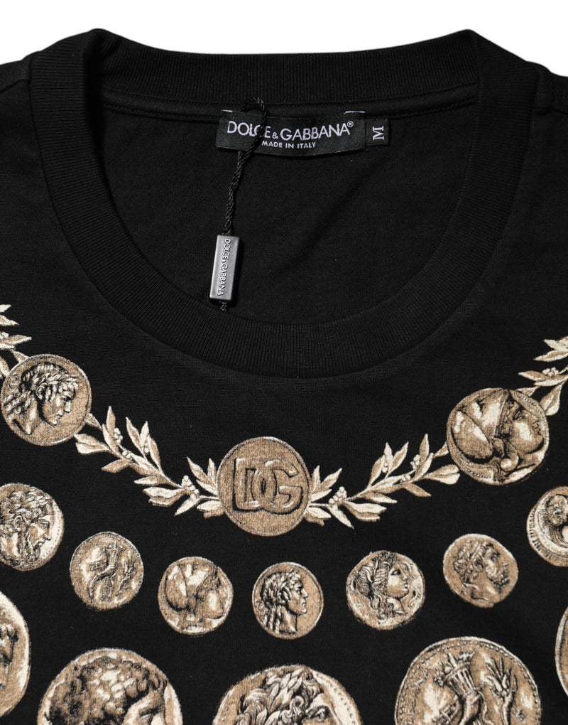 T-shirt noir à col rond en coton avec imprimé pièces de monnaie Dolce & Gabbana