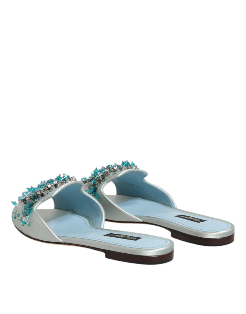 Dolce & Gabbana Silver Blue Leather Bead Embellish Slide Shoes
