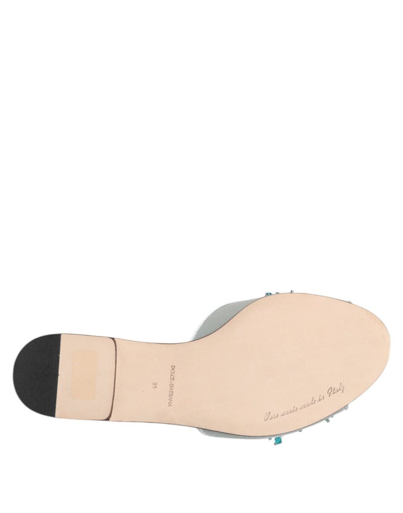Dolce & Gabbana Silver Blue Leather Bead Embellish Slide Shoes
