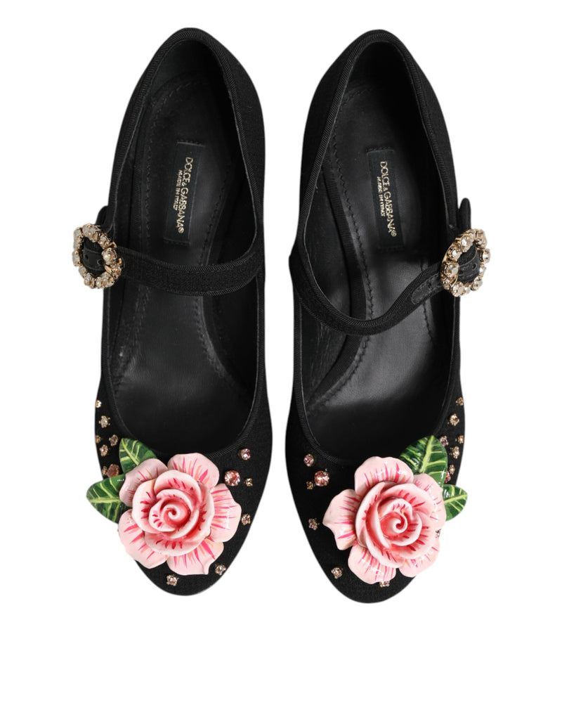 Dolce & Gabbana Black Flower Crystal Embellished Mary Jane Shoes