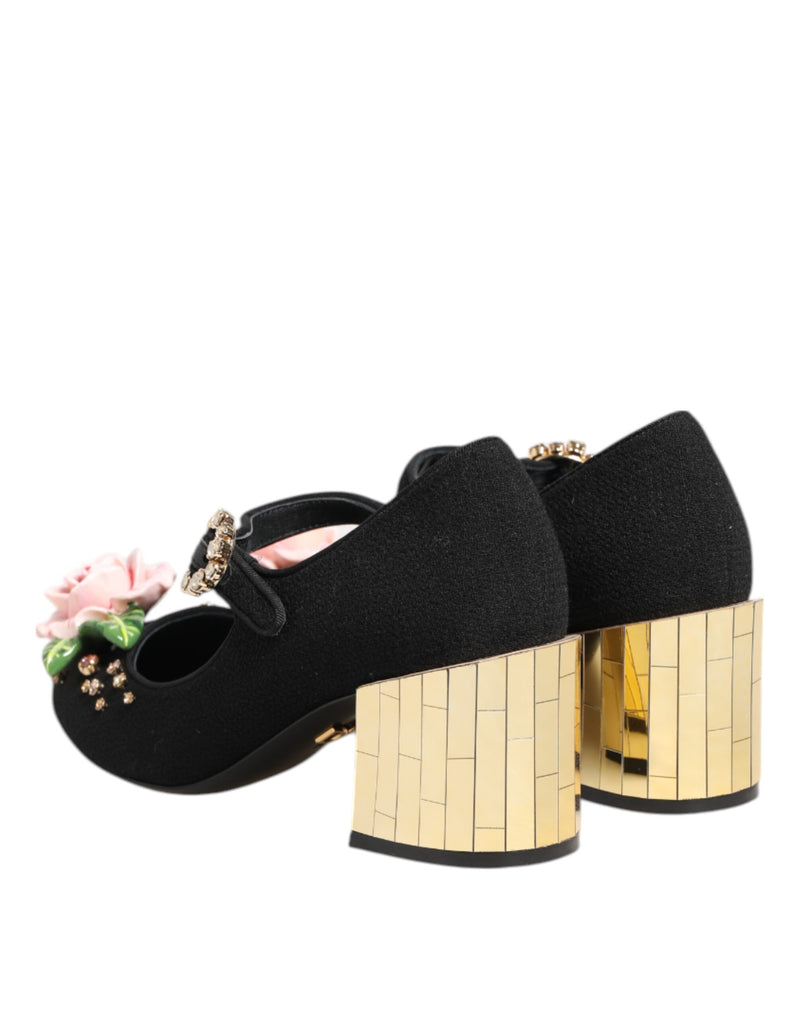 Dolce & Gabbana Black Flower Crystal Embellished Mary Jane Shoes