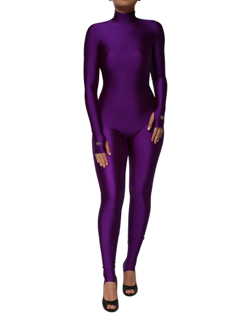 Vestido macacão tubinho roxo Dolce & Gabbana, de gola alta, em náilon