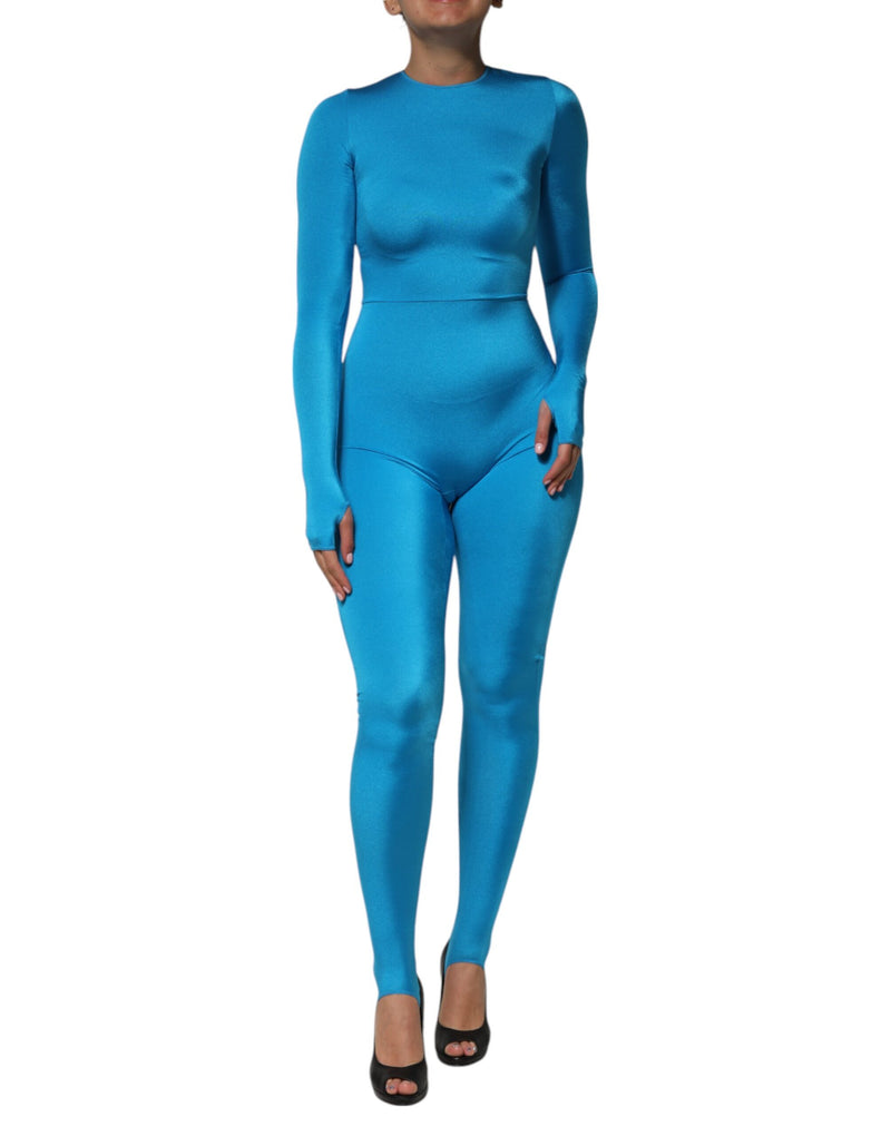 Abito-jumpsuit aderente blu in nylon a girocollo Dolce & Gabbana