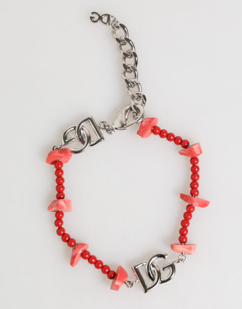Bracelet chaîne pour homme en laiton argenté, perles en résine et logo DG Dolce & Gabbana