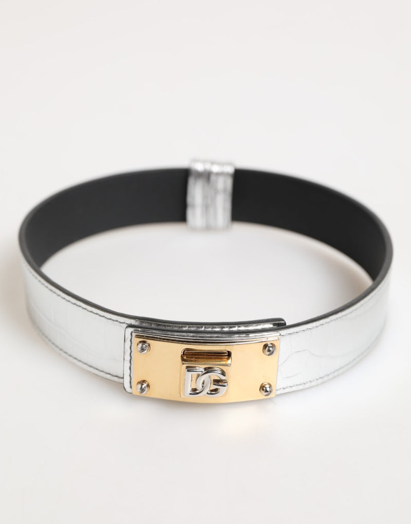 Choker Dolce & Gabbana de couro texturizado prateado com metal dourado