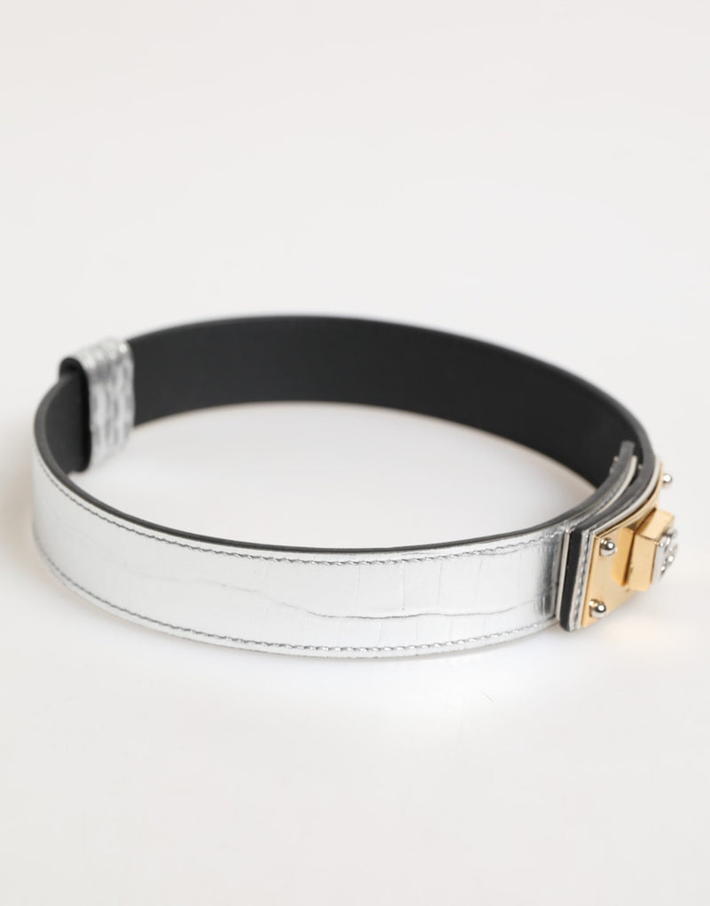 Choker Dolce & Gabbana de couro texturizado prateado com metal dourado