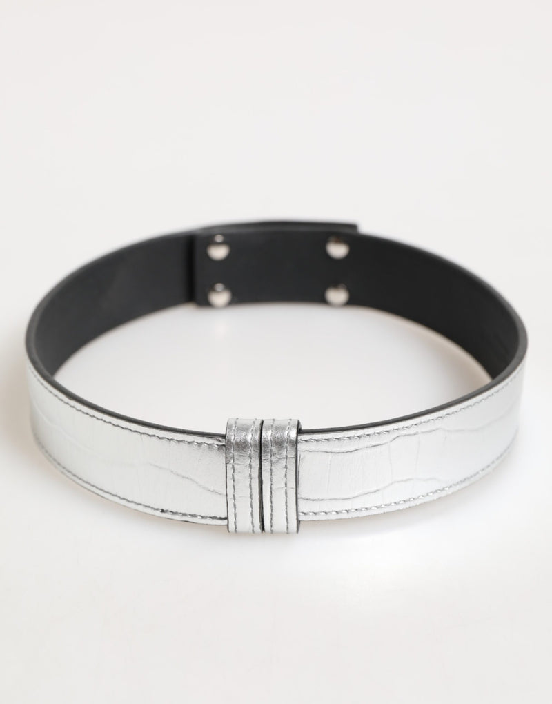 Choker Dolce & Gabbana de couro texturizado prateado com metal dourado