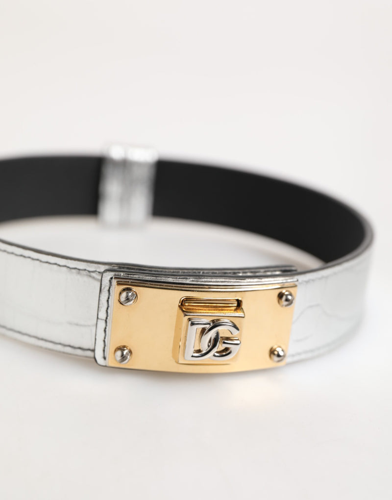 Choker Dolce & Gabbana de couro texturizado prateado com metal dourado