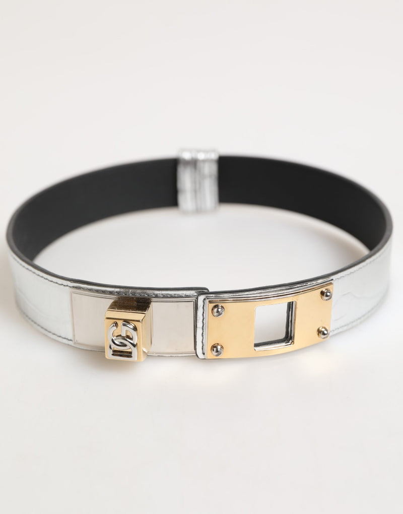 Choker Dolce & Gabbana de couro texturizado prateado com metal dourado