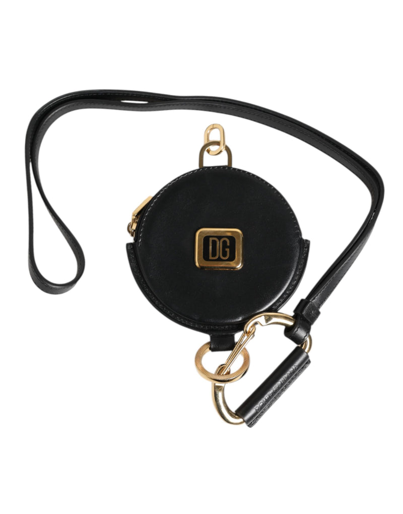 Carteira porta-moedas preta Dolce & Gabbana de couro redondo com logotipo DG e cordão