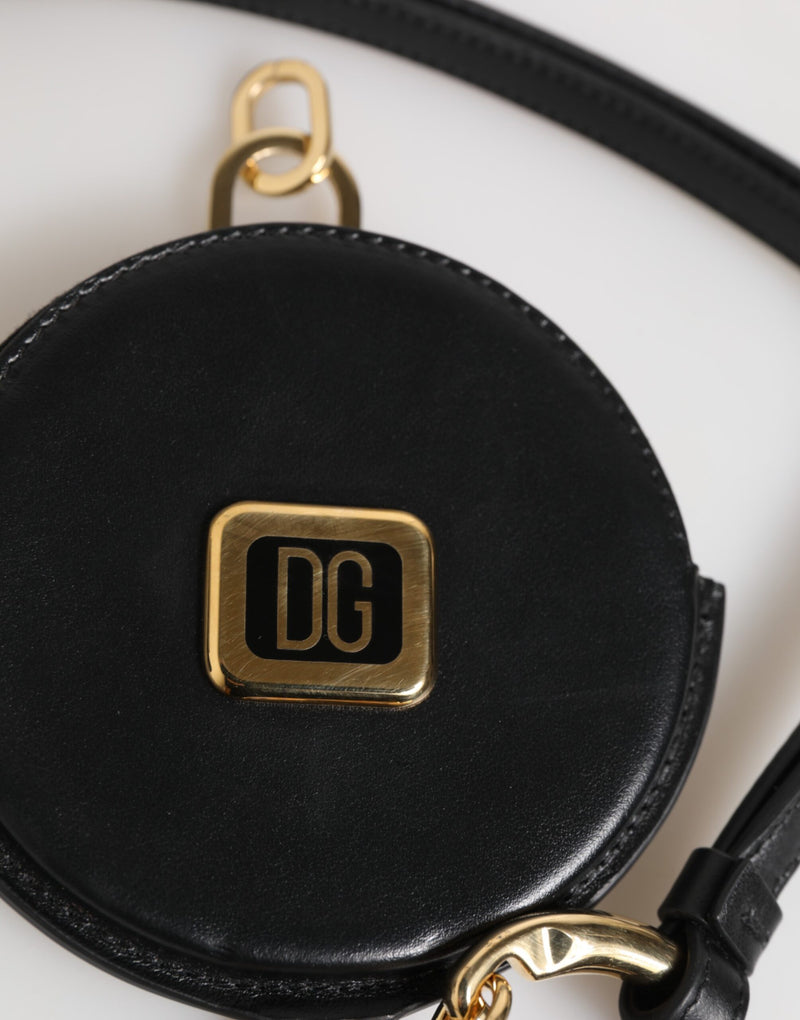 Carteira porta-moedas preta Dolce & Gabbana de couro redondo com logotipo DG e cordão