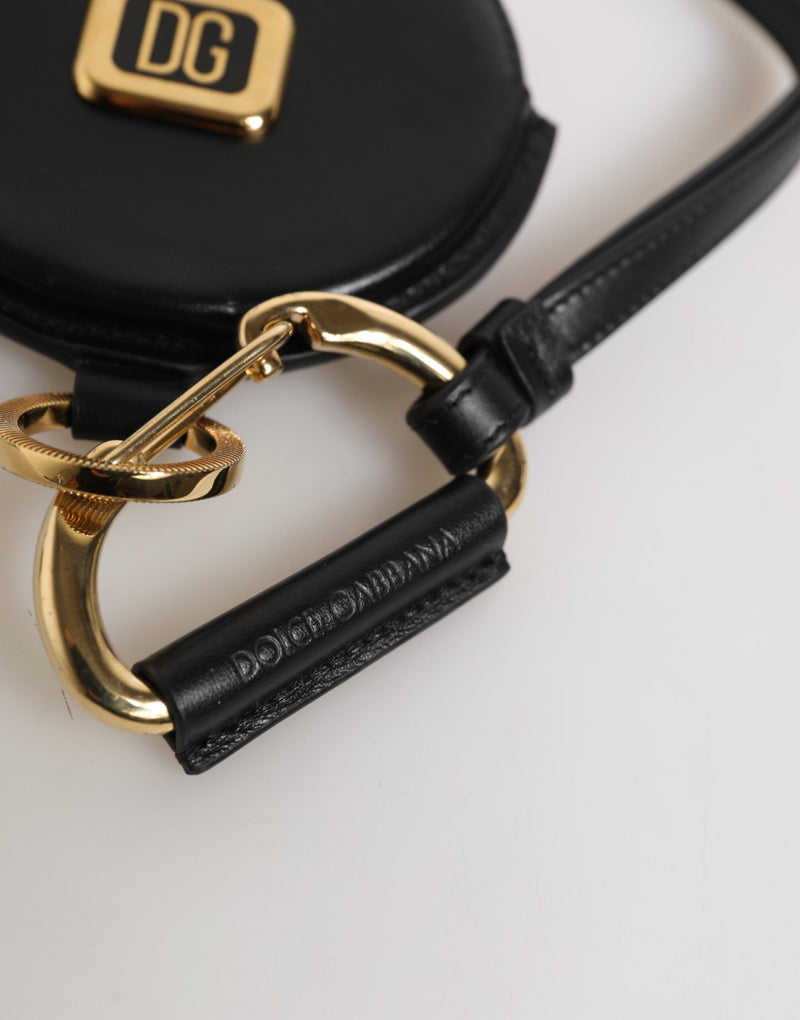 Carteira porta-moedas preta Dolce & Gabbana de couro redondo com logotipo DG e cordão