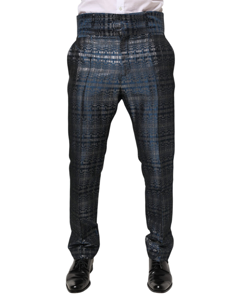 Pantaloni da uomo Dolce & Gabbana in seta blu argento lucida, dal taglio slim