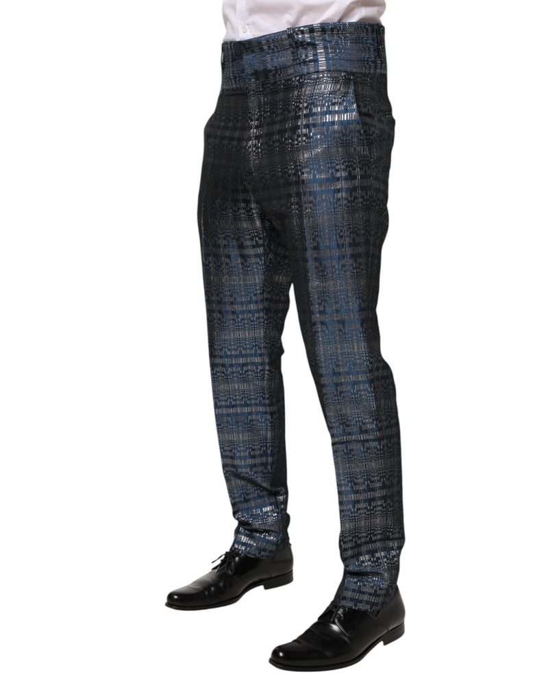 Pantaloni da uomo Dolce & Gabbana in seta blu argento lucida, dal taglio slim