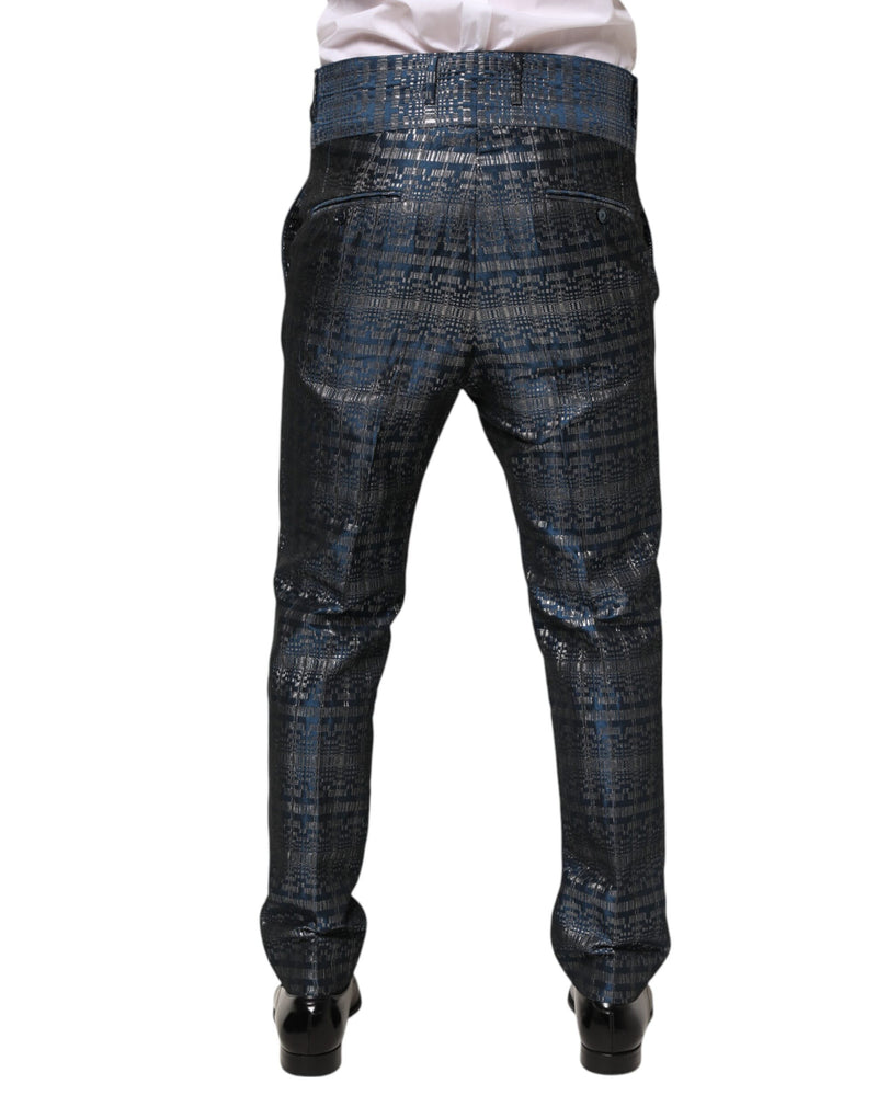 Pantaloni da uomo Dolce & Gabbana in seta blu argento lucida, dal taglio slim