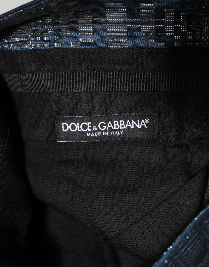 Pantaloni da uomo Dolce & Gabbana in seta blu argento lucida, dal taglio slim
