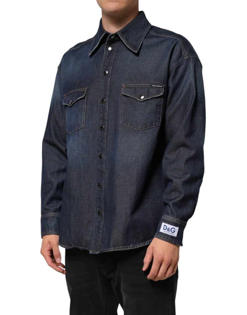 Dolce & Gabbana Blue Denim Button Casual Logo Patch Men Shirt