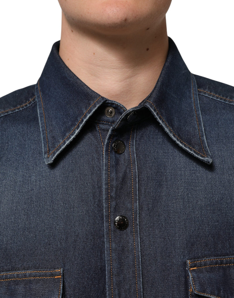 Dolce & Gabbana Blue Denim Button Casual Logo Patch Men Shirt