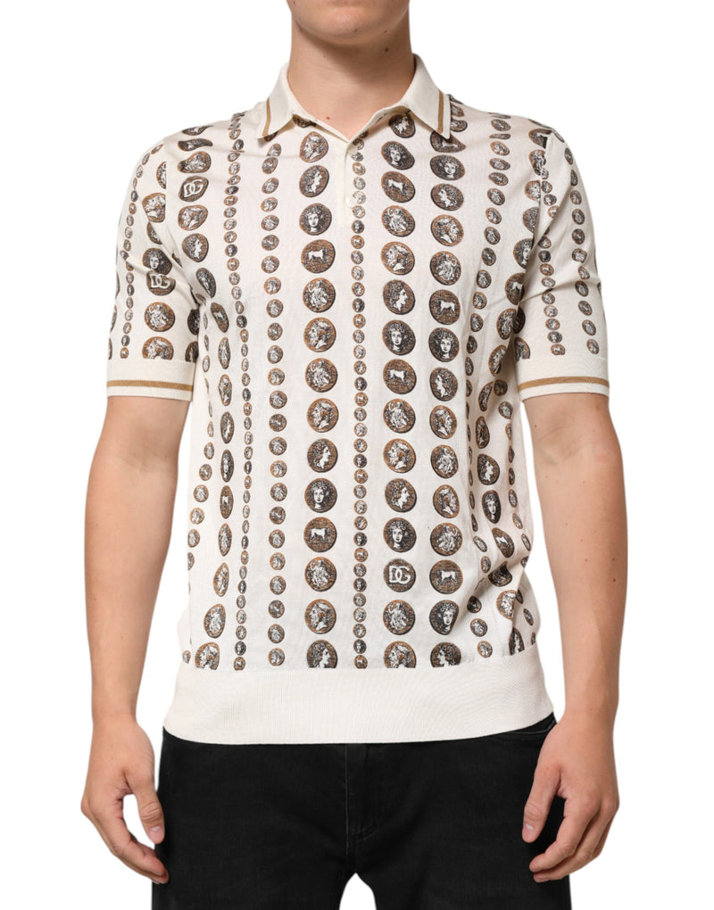 Polo pour homme en soie ivoire à imprimé pièces et logo Dolce & Gabbana