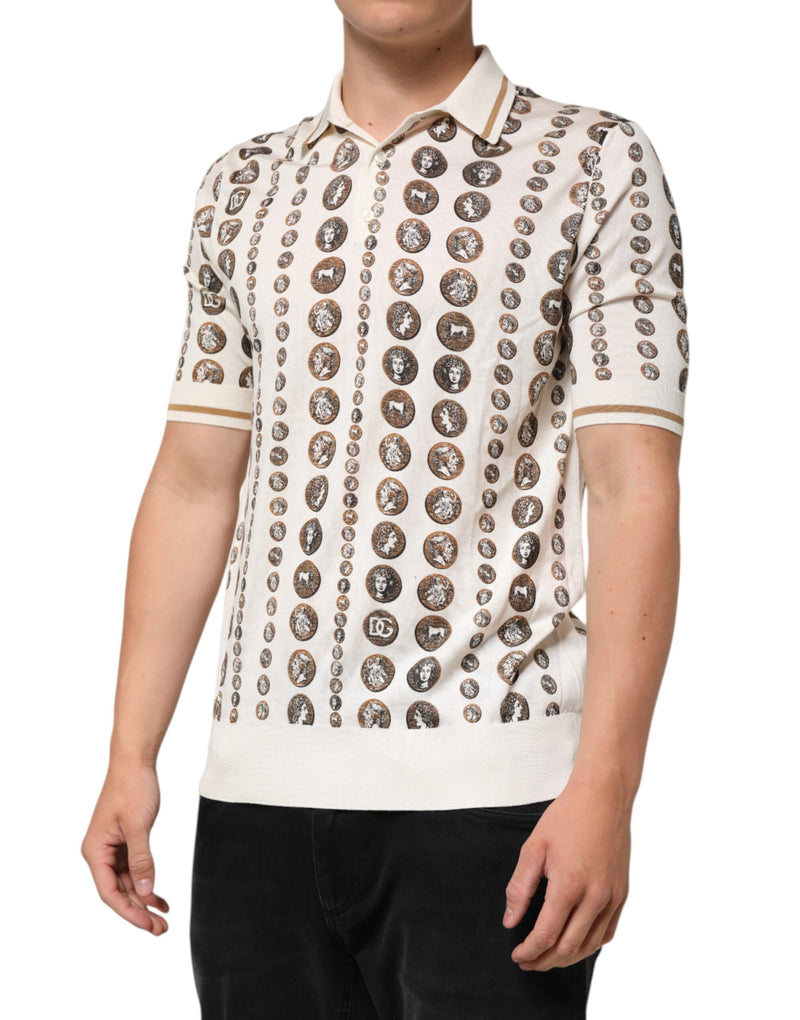 Polo pour homme en soie ivoire à imprimé pièces et logo Dolce & Gabbana
