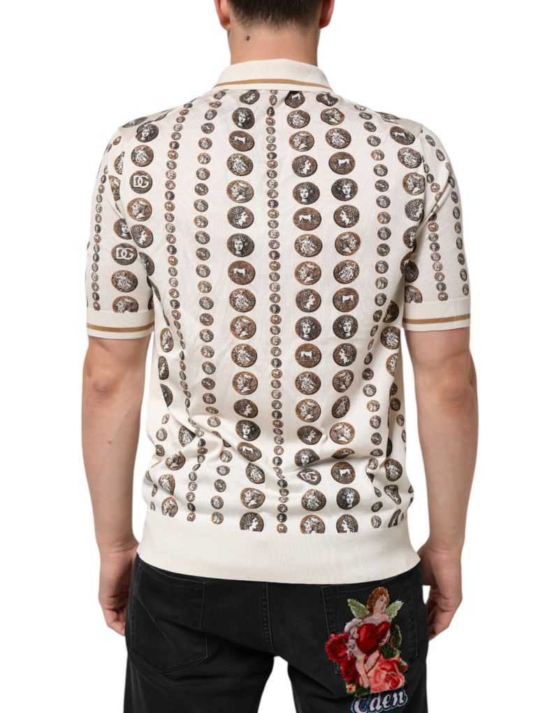 Polo pour homme en soie ivoire à imprimé pièces et logo Dolce & Gabbana