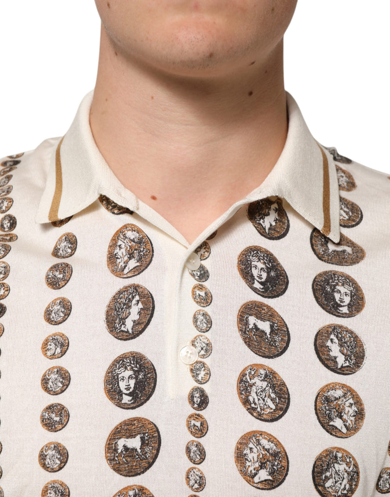 Polo pour homme en soie ivoire à imprimé pièces et logo Dolce & Gabbana