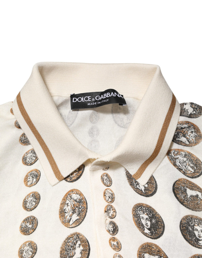 Polo pour homme en soie ivoire à imprimé pièces et logo Dolce & Gabbana