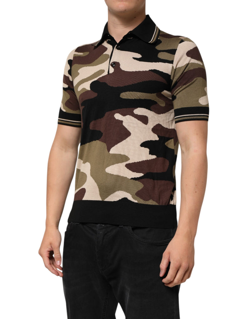 Dolce & Gabbana Camouflage Brown Silk Military Polo T-shirt
