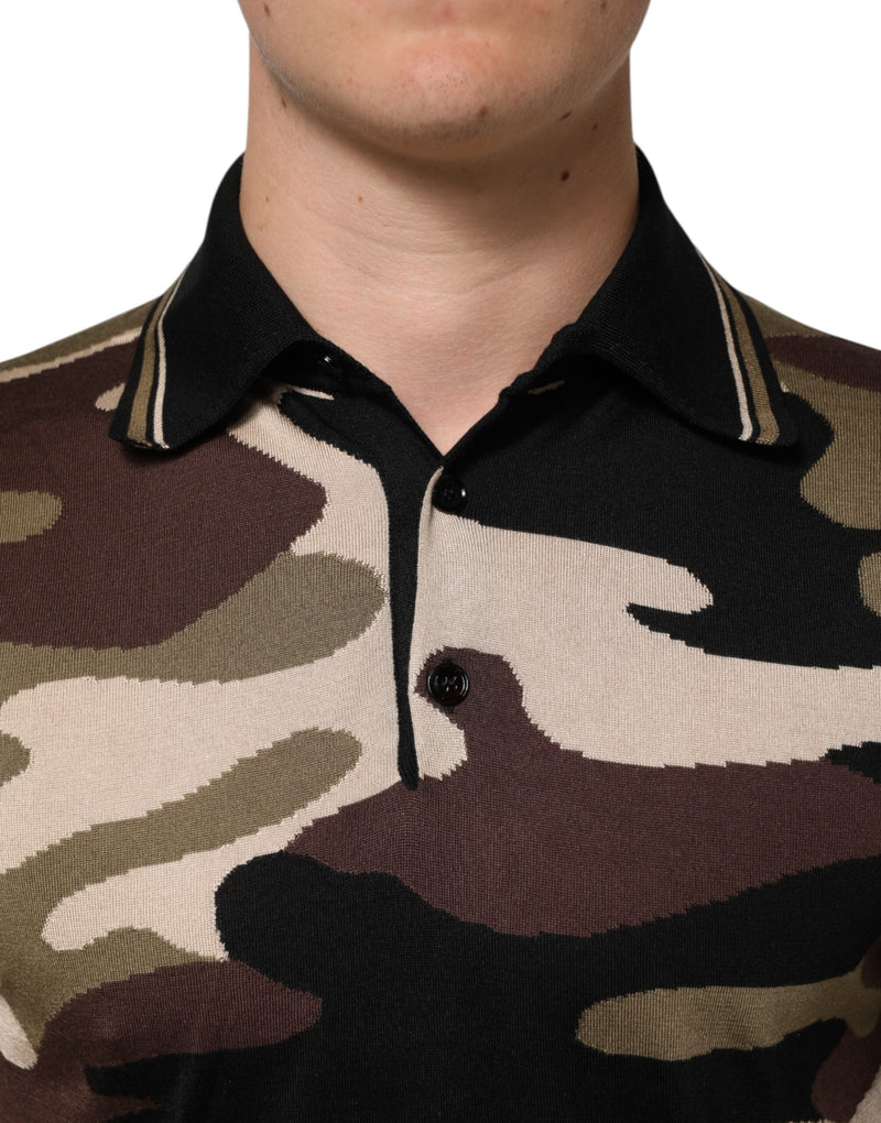 Dolce & Gabbana Camouflage Brown Silk Military Polo T-shirt
