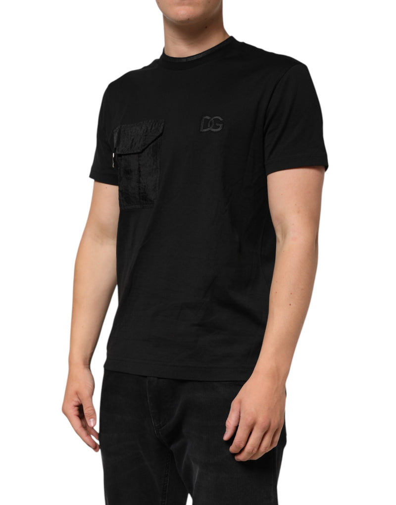 Dolce & Gabbana T-shirt nera in cotone con taschino ricamato con logo DG