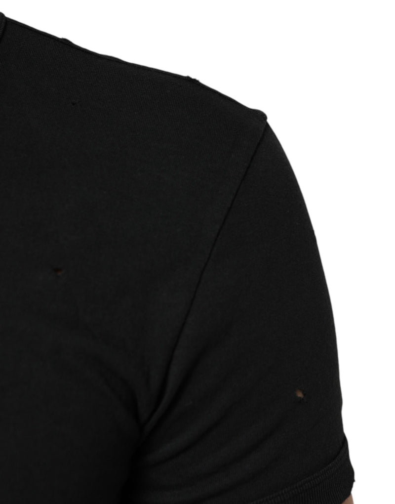 Dolce & Gabbana Black Cotton Tattered Logo V-Neck Men T-shirt
