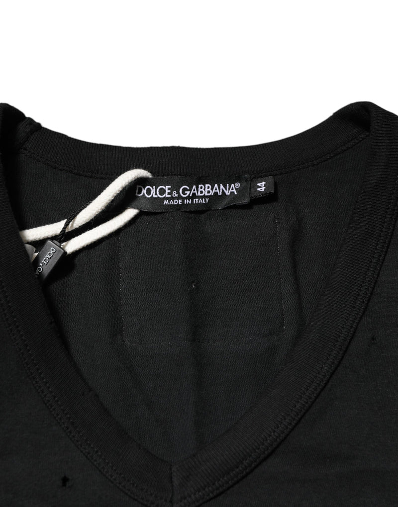 Dolce & Gabbana Black Cotton Tattered Logo V-Neck Men T-shirt