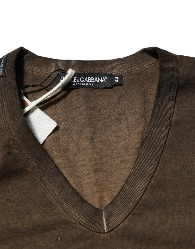 Camiseta masculina Dolce & Gabbana de algodão marrom-escuro com logotipo desgastado