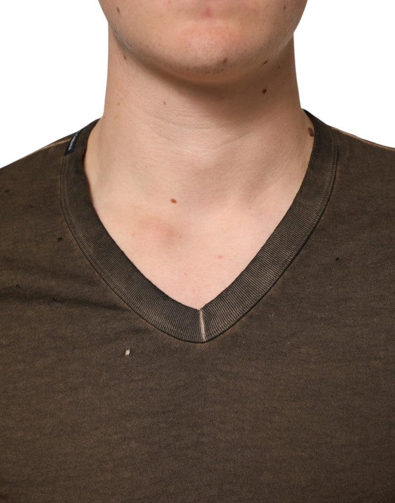 Camiseta masculina Dolce & Gabbana de algodão marrom-escuro com logotipo desgastado