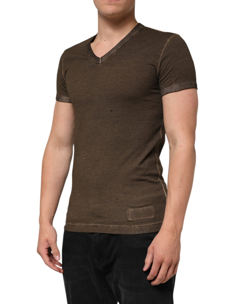 Camiseta masculina Dolce & Gabbana de algodão marrom-escuro com logotipo desgastado