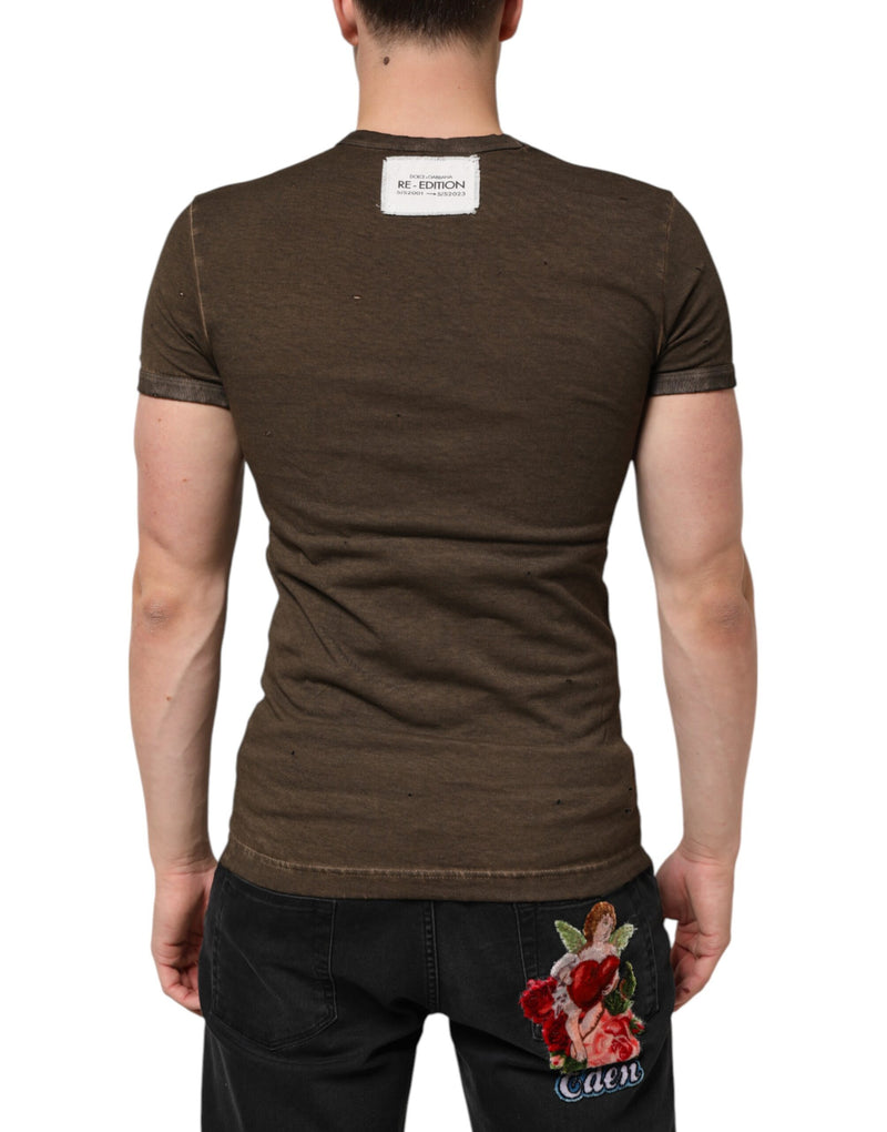 Camiseta masculina Dolce & Gabbana de algodão marrom-escuro com logotipo desgastado