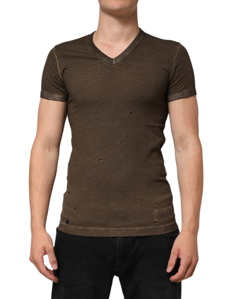 Camiseta masculina Dolce & Gabbana de algodão marrom-escuro com logotipo desgastado