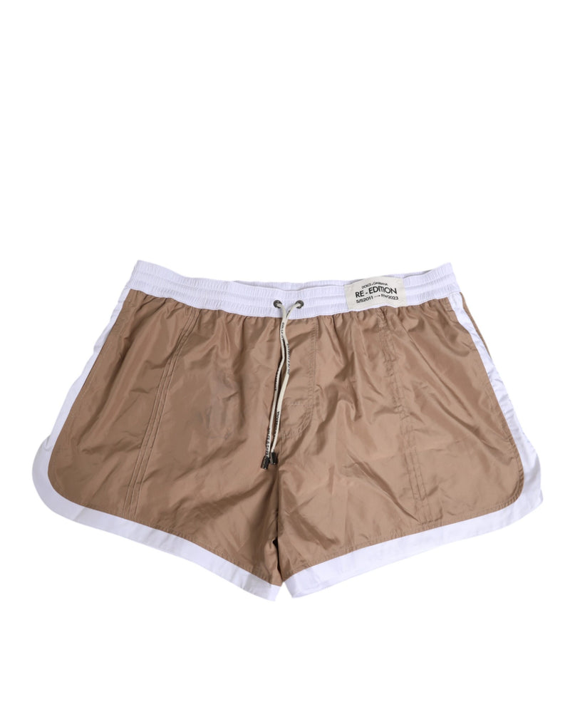 Short de bain en polyester marron et blanc Re-Edition Dolce & Gabbana
