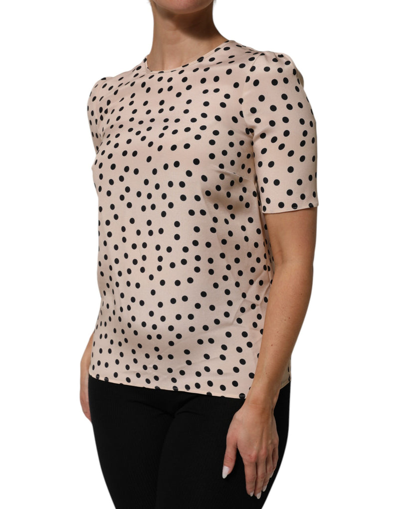Blusa de manga corta de seda beige y negra con lunares de Dolce & Gabbana