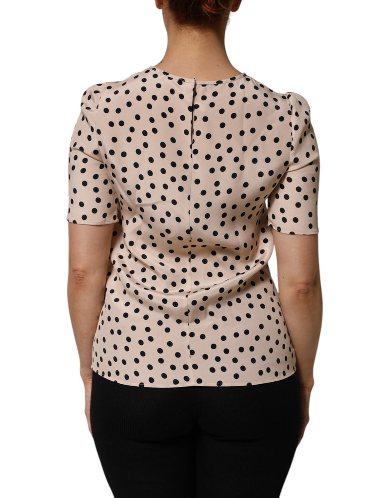 Blusa de manga corta de seda beige y negra con lunares de Dolce & Gabbana