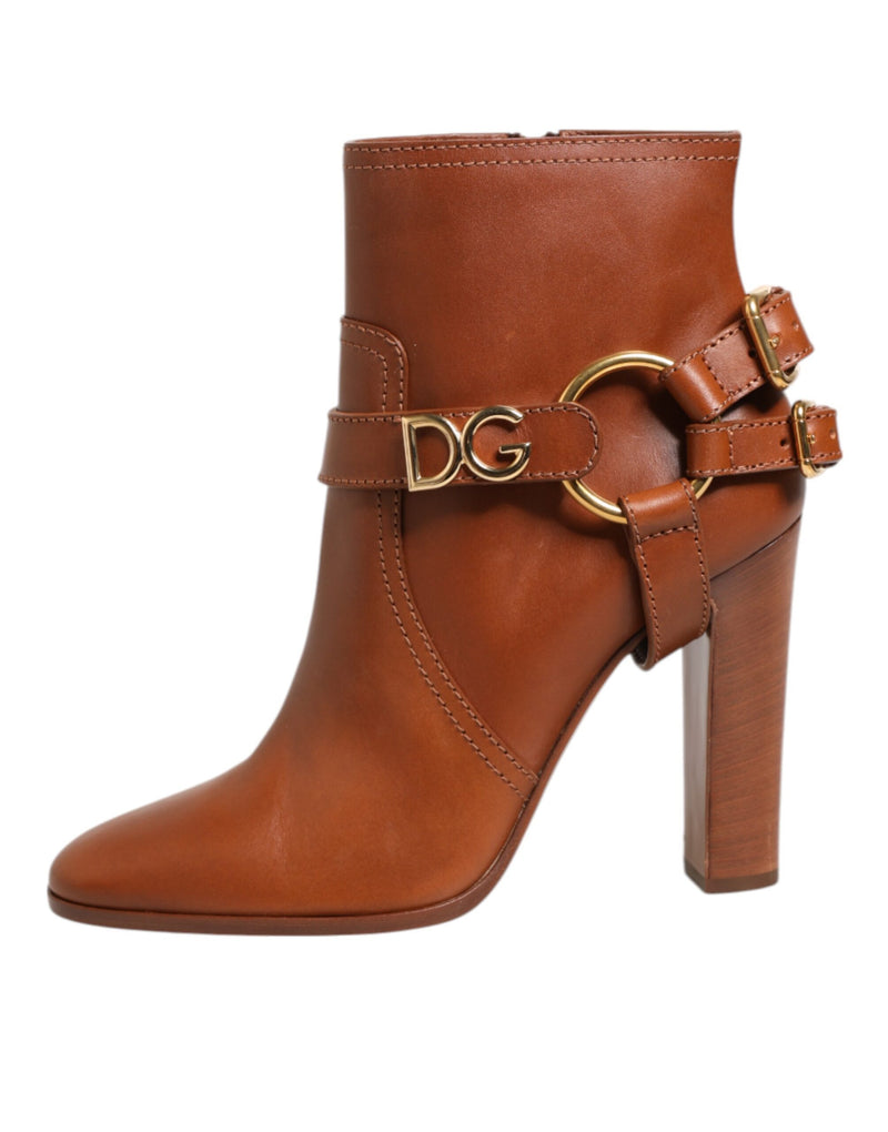 Stivaletti in pelle marrone con fibbia con logo DG Dolce & Gabbana