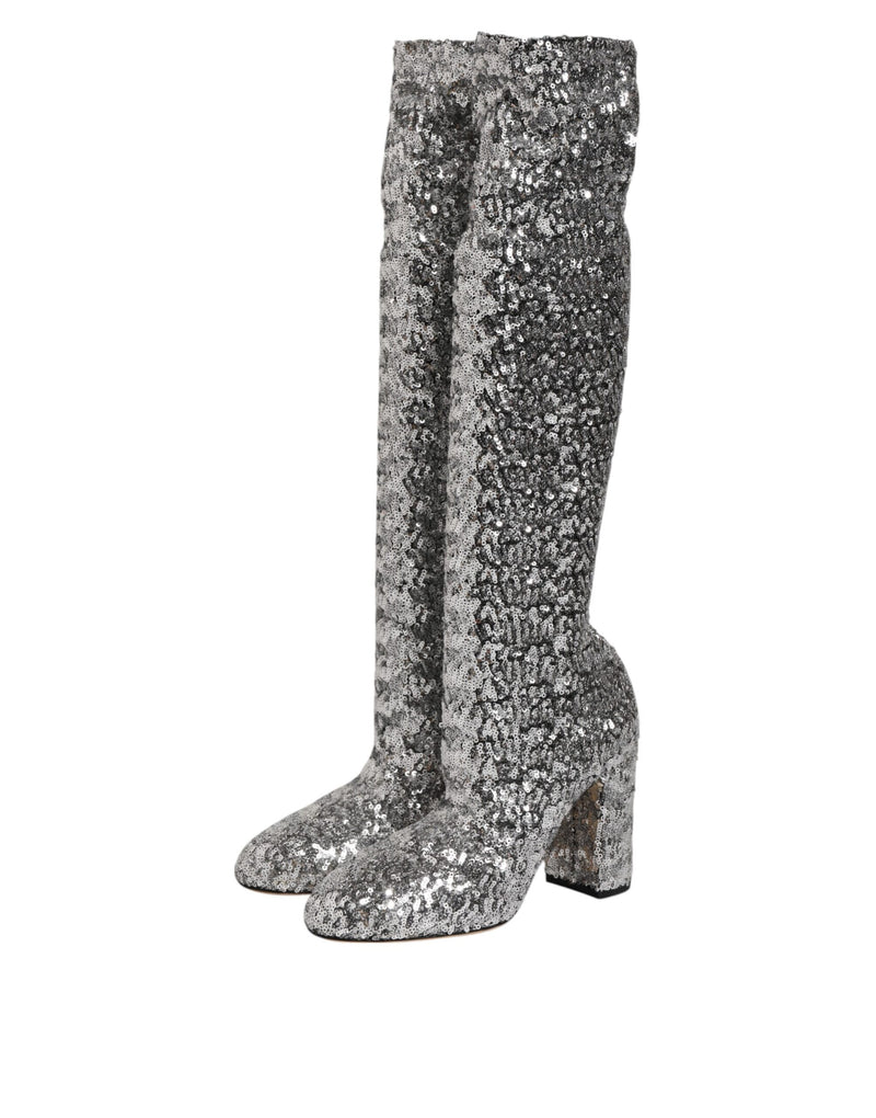 Botines de tacón alto con lentejuelas plateadas de Dolce & Gabbana